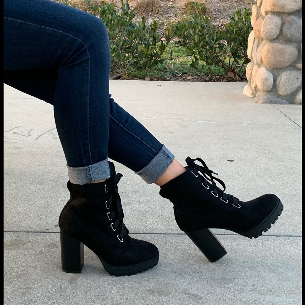 Black Faux Suede Lace Up Stacked Block Boot - Picture 6 of 8